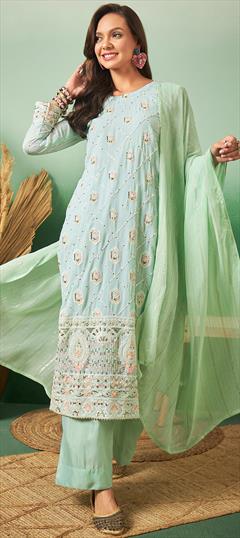 Festive, Party Wear Green color Salwar Kameez in Georgette fabric with Pakistani, Straight Embroidered, Resham, Sequence, Thread work : 1929199