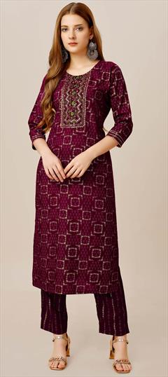 Casual, Summer Purple and Violet color Salwar Kameez in Rayon fabric with Embroidered, Printed, Thread work : 1929221