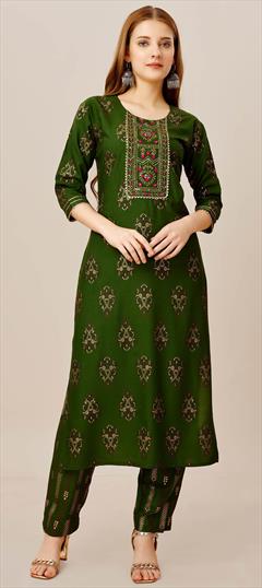 Casual, Summer Green color Salwar Kameez in Rayon fabric with Embroidered, Printed, Thread work : 1929223