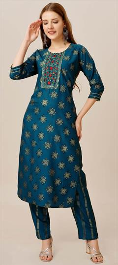 Casual, Summer Blue color Salwar Kameez in Rayon fabric with Embroidered, Printed, Thread work : 1929225