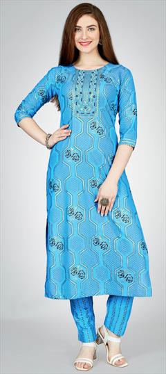 Casual, Summer Blue color Salwar Kameez in Rayon fabric with Embroidered, Printed, Thread work : 1929226