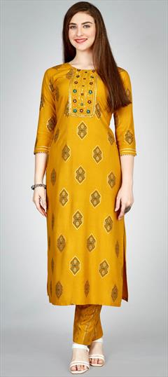 Casual, Summer Yellow color Salwar Kameez in Rayon fabric with Embroidered, Printed, Thread work : 1929227