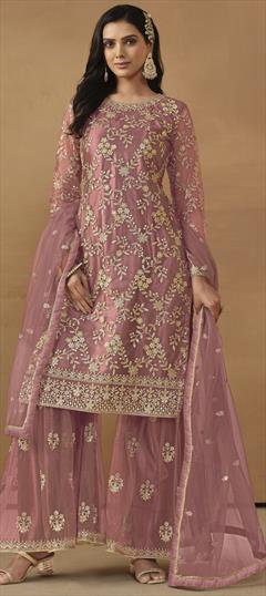 Festive, Party Wear Pink and Majenta color Salwar Kameez in Net fabric with Sharara, Straight Sequence, Thread work : 1929306