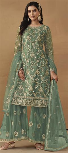 Festive, Party Wear Green color Salwar Kameez in Net fabric with Sharara, Straight Sequence, Thread work : 1929307