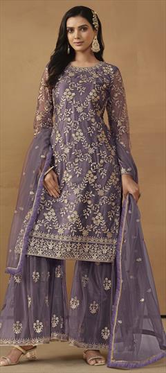 Festive, Party Wear Purple and Violet color Salwar Kameez in Net fabric with Sharara, Straight Sequence, Thread work : 1929308