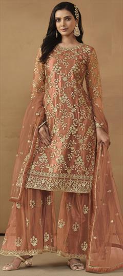 Festive, Party Wear Beige and Brown color Salwar Kameez in Net fabric with Sharara, Straight Sequence, Thread work : 1929310