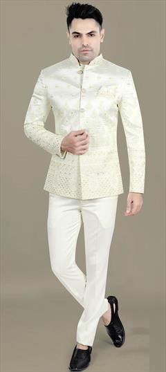 Party Wear, Reception, Wedding White and Off White color Jodhpuri Suit in Jacquard fabric with Sequence, Thread work : 1929339