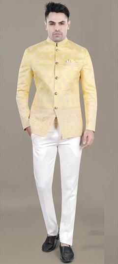 Party Wear, Reception, Wedding Yellow color Jodhpuri Suit in Jacquard fabric with Sequence, Thread work : 1929341