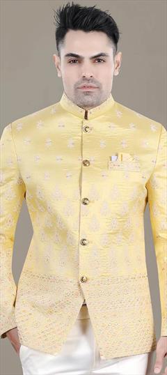 Party Wear Yellow color Blazer in Jacquard fabric with Sequence, Thread work : 1929351