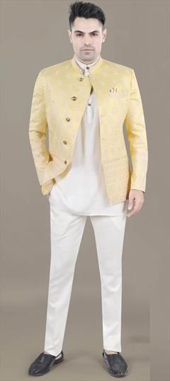 Party Wear, Reception, Wedding Beige and Brown, Yellow color Jodhpuri Suit in Jacquard, Rayon fabric with Sequence, Thread work : 1929359