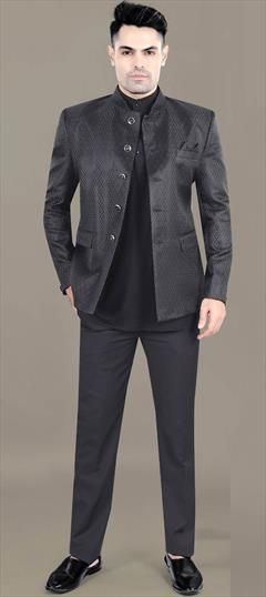 Party Wear, Reception, Wedding Black and Grey color Jodhpuri Suit in Jacquard, Rayon fabric with Thread work : 1929361