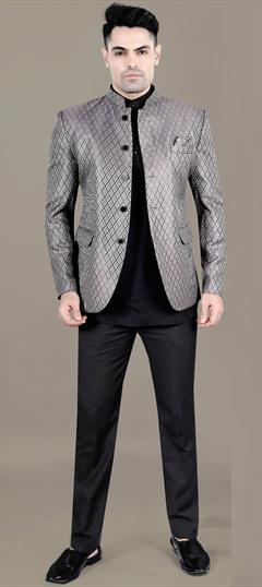 Party Wear, Reception, Wedding Black and Grey color Jodhpuri Suit in Jacquard, Rayon fabric with Thread work : 1929362