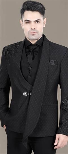 Party Wear Black and Grey color Blazer in Rayon fabric with Bugle Beads, Embroidered, Thread work : 1929389