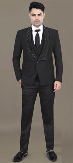 Party Wear Black and Grey color 3 Piece Suit (with shirt) in Rayon fabric with Bugle Beads, Thread work : 1929393