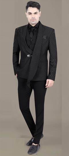 Party Wear Black and Grey color 3 Piece Suit (with shirt) in Rayon fabric with Bugle Beads, Thread work : 1929394