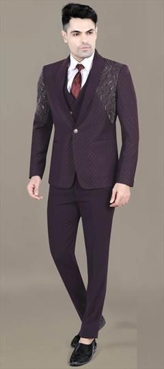 Party Wear Red and Maroon color 3 Piece Suit (with shirt) in Rayon fabric with Bugle Beads, Thread work : 1929395