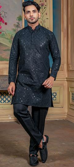 Party Wear Black and Grey color Kurta Pyjamas in Faux Georgette fabric with Embroidered, Sequence, Thread work : 1929402