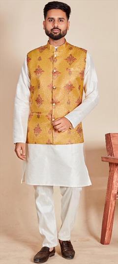Party Wear White and Off White color Kurta Pyjama with Jacket in Art Silk, Jacquard fabric with Printed work : 1929425