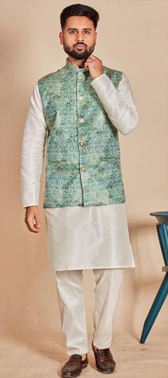 Party Wear White and Off White color Kurta Pyjama with Jacket in Art Silk, Jacquard fabric with Printed work : 1929426