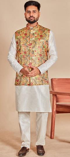 Party Wear White and Off White color Kurta Pyjama with Jacket in Art Silk, Jacquard fabric with Printed work : 1929427