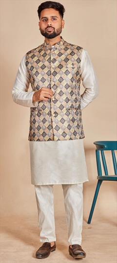 Party Wear White and Off White color Kurta Pyjama with Jacket in Art Silk, Jacquard fabric with Printed work : 1929428