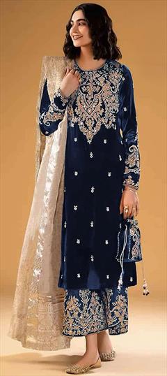 Festive, Party Wear Blue color Salwar Kameez in Velvet fabric with Pakistani, Palazzo, Straight Embroidered, Sequence, Stone work : 1929451