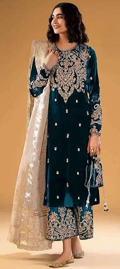Festive, Party Wear Blue color Salwar Kameez in Velvet fabric with Pakistani, Palazzo, Straight Embroidered, Sequence, Stone work : 1929453