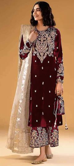Festive, Party Wear Red and Maroon color Salwar Kameez in Velvet fabric with Pakistani, Palazzo, Straight Embroidered, Sequence, Stone work : 1929454
