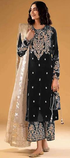 Festive, Party Wear Black and Grey color Salwar Kameez in Velvet fabric with Pakistani, Palazzo, Straight Embroidered, Sequence, Stone work : 1929455