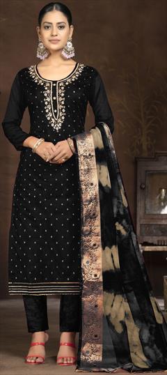 Festive, Party Wear Black and Grey color Salwar Kameez in Chanderi Silk fabric with Straight Cut Dana, Sequence, Weaving work : 1929456