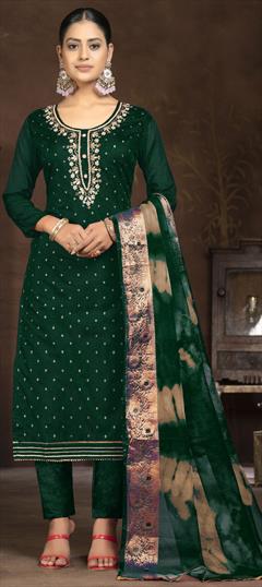 Festive, Party Wear Green color Salwar Kameez in Chanderi Silk fabric with Straight Cut Dana, Sequence, Weaving work : 1929457