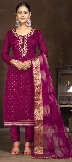 Festive, Party Wear Purple and Violet color Salwar Kameez in Chanderi Silk fabric with Straight Cut Dana, Sequence, Weaving work : 1929459