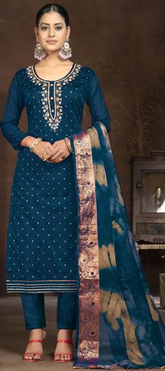 Festive, Party Wear Blue color Salwar Kameez in Chanderi Silk fabric with Straight Cut Dana, Sequence, Weaving work : 1929463