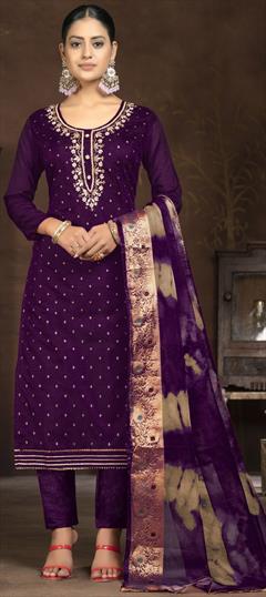 Festive, Party Wear Purple and Violet color Salwar Kameez in Chanderi Silk fabric with Straight Cut Dana, Sequence, Weaving work : 1929468