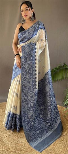 Festive, Traditional Blue, White and Off White color Saree in Tussar Silk fabric with South Printed work : 1929519