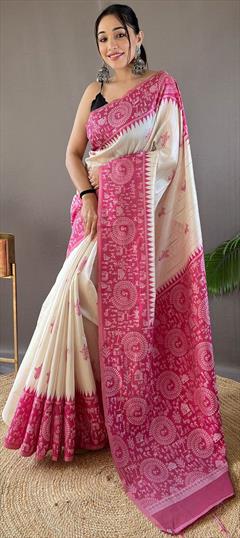 Festive, Traditional Pink and Majenta, White and Off White color Saree in Tussar Silk fabric with South Printed work : 1929520