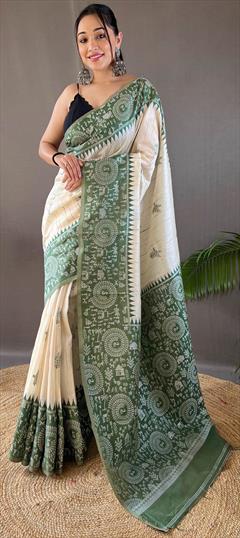 Festive, Traditional Green, White and Off White color Saree in Tussar Silk fabric with South Printed work : 1929521