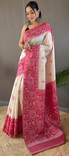 Festive, Traditional Pink and Majenta, White and Off White color Saree in Tussar Silk fabric with South Printed work : 1929522