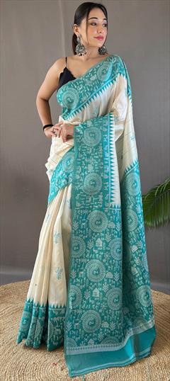 Festive, Traditional Blue, White and Off White color Saree in Tussar Silk fabric with South Printed work : 1929528