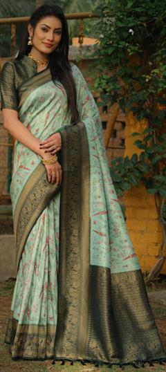 Festive, Reception, Traditional Green color Saree in Kanjeevaram Silk, Silk fabric with South Weaving, Zari work : 1929618