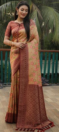 Party Wear, Traditional Beige and Brown color Saree in Kanjeevaram Silk fabric with South Weaving, Zari work : 1929669