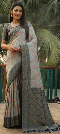 Party Wear, Traditional Black and Grey color Saree in Kanjeevaram Silk fabric with South Weaving, Zari work : 1929670