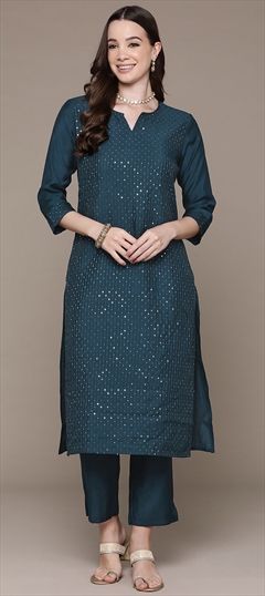 Festive, Summer Blue color Salwar Kameez in Muslin fabric with Straight Sequence, Thread work : 1929686