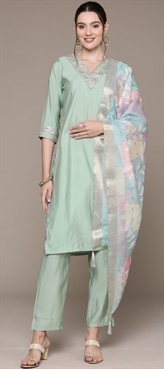 Festive, Summer Green color Salwar Kameez in Muslin fabric with Straight Gota Patti, Resham, Thread, Zari work : 1929691