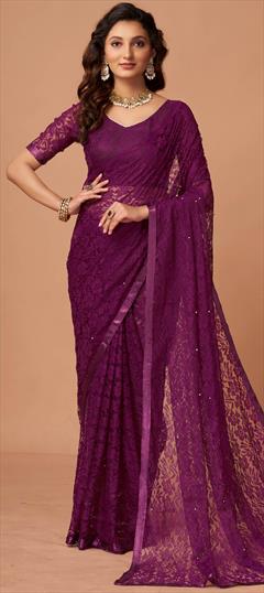 Bollywood, Party Wear Purple and Violet color Saree in Net fabric with Classic Bugle Beads, Thread work : 1929710