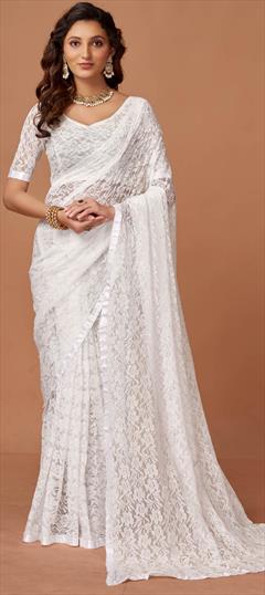 Bollywood, Party Wear White and Off White color Saree in Net fabric with Classic Bugle Beads, Thread work : 1929716