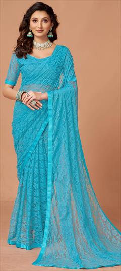 Bollywood, Party Wear Blue color Saree in Net fabric with Classic Bugle Beads, Thread work : 1929717