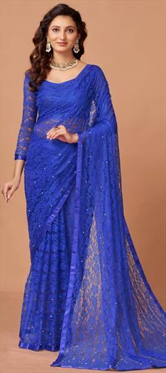 Bollywood, Party Wear Blue color Saree in Net fabric with Classic Bugle Beads, Thread work : 1929724