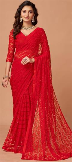 Bollywood, Party Wear Red and Maroon color Saree in Net fabric with Classic Bugle Beads, Thread work : 1929725