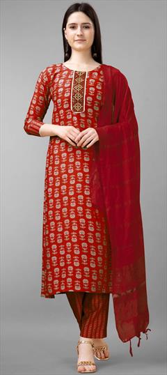 Festive, Party Wear Red and Maroon color Salwar Kameez in Rayon fabric with Straight Embroidered, Printed, Sequence, Thread work : 1929787